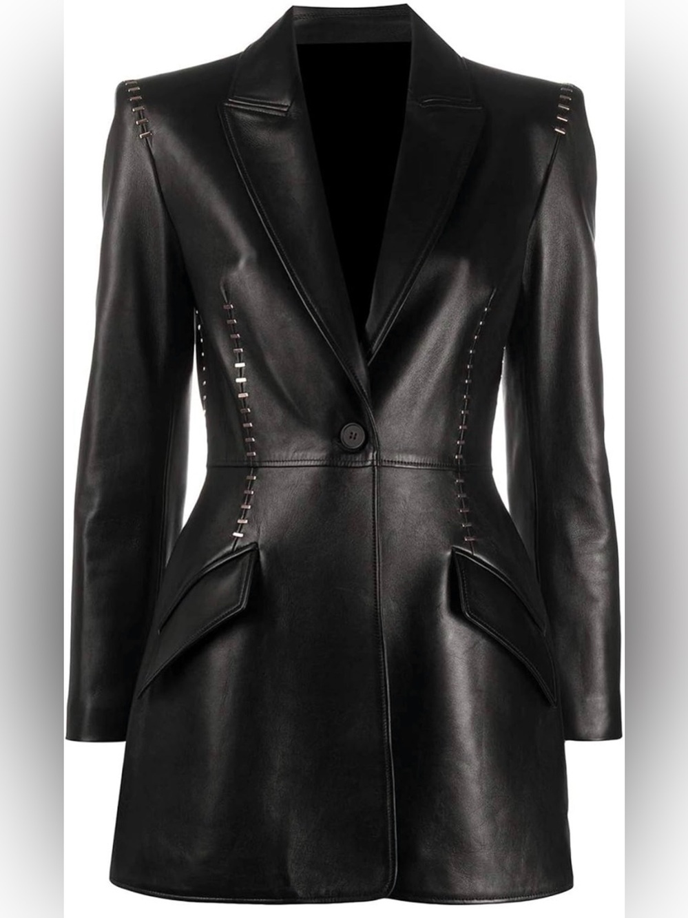 Studded Genuine Lambskin Leather Blazer Coat Black One Button Long Jacket XS-3XL